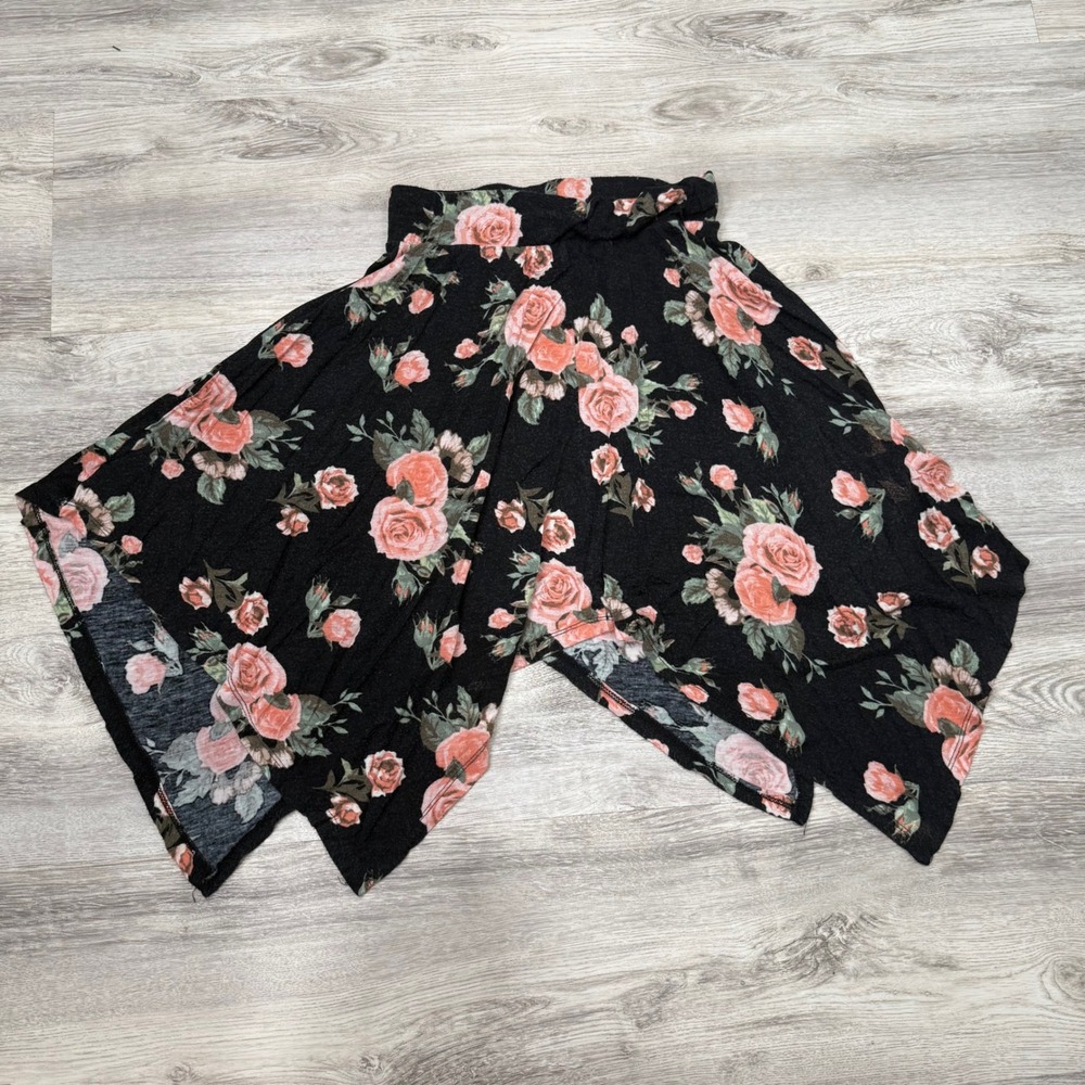 Rue21 Black Floral Rose Print Handkerchief Hem Midi Skirt - Size Mā